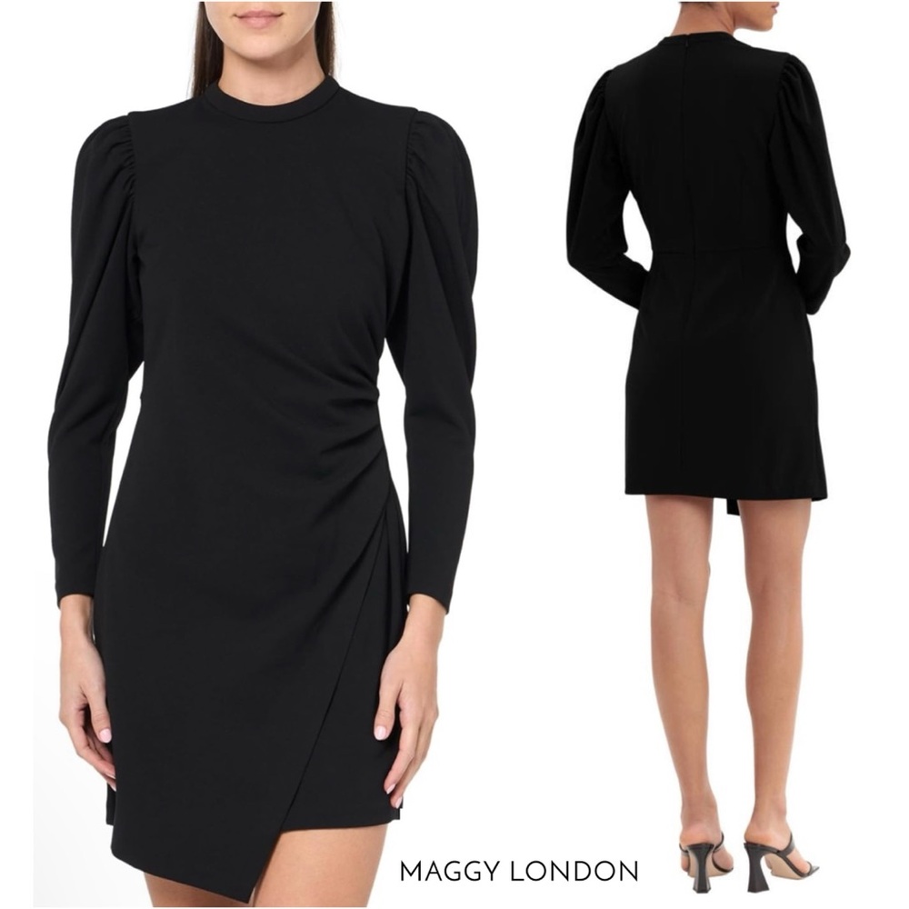 Maggy London Black Puff Shoulder Ruched Side Asymmetrical Hem Sheath Dress